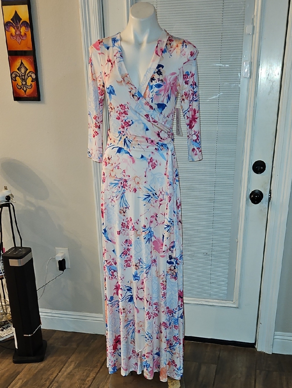White Floral Wrap Maxi Dress with Pink & Blue Print